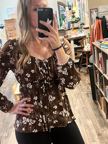 Brown Floral Babydoll Blouse
