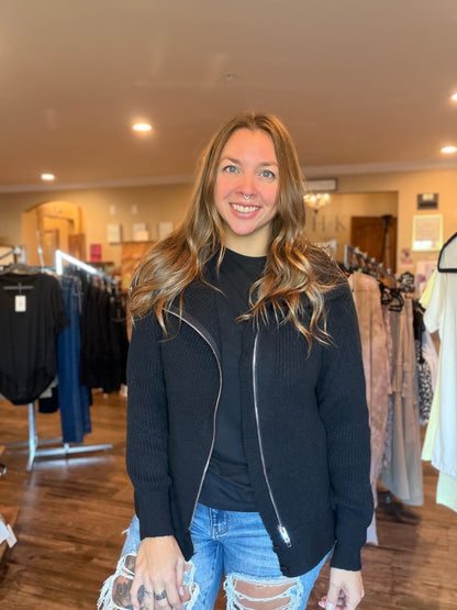 Black Ribbed Zip Up Sweater Jacket
