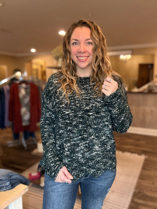 Green Scalloped Hem Sweater