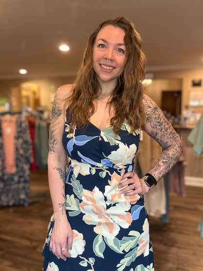 Navy Floral Side Slit Maxi Dress