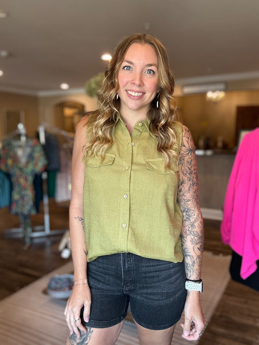 Olive Sleeveless Button Down Top