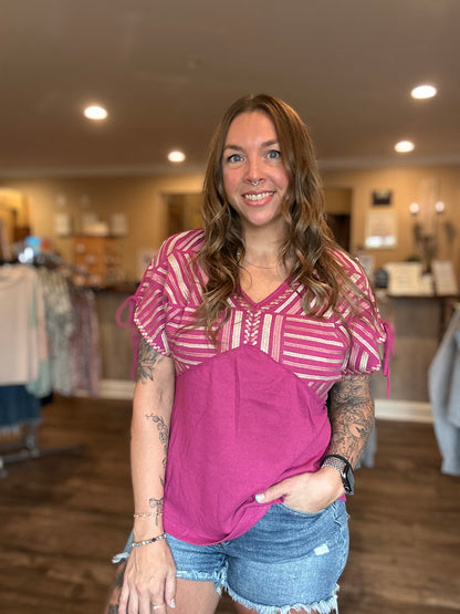 Mauve Striped Yoke VNeck Top