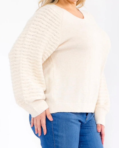 Curvy Cream Knit Sleeve Sweater