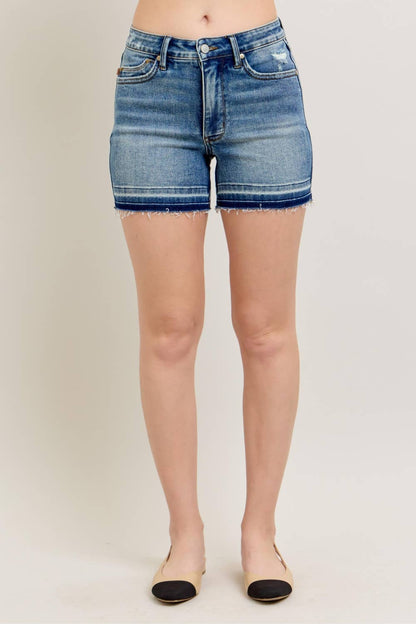 MidRise Tummy Control Vintage Wash Release Hem Shorts