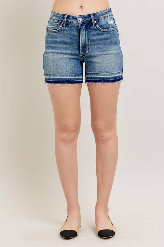 MidRise Tummy Control Vintage Wash Release Hem Shorts