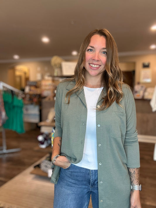 Sage Ribbed Button Up