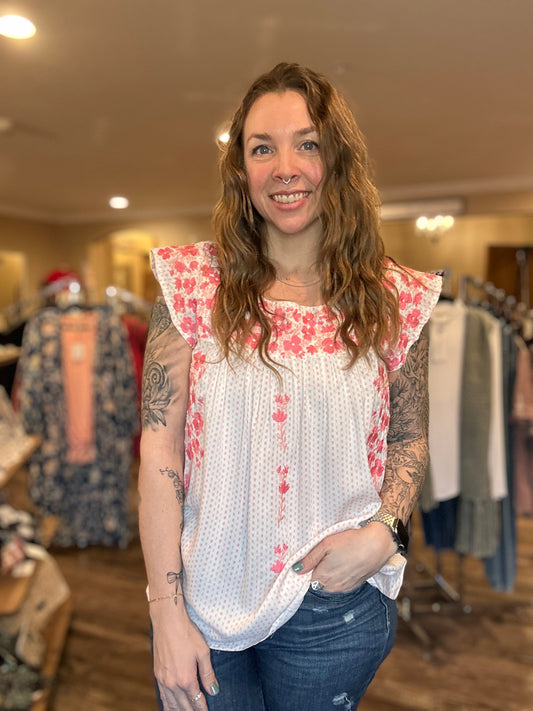 Ivory & Pink Embroidered Blouse