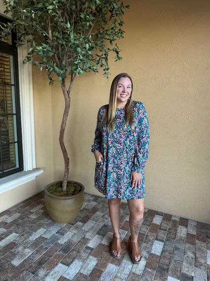 Teal Floral Puff Sleeve Dress