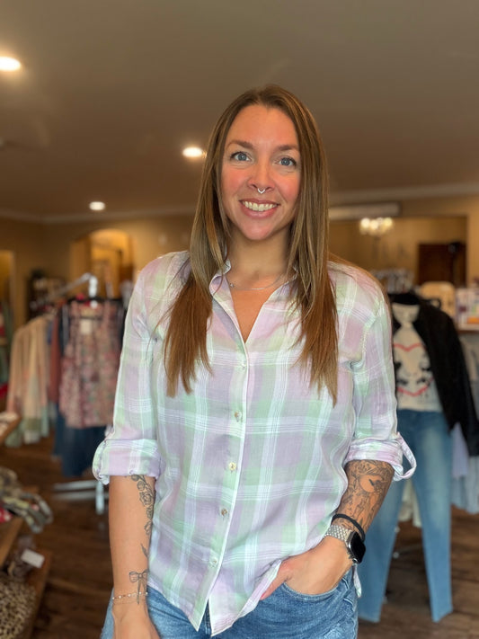 Lavender Plaid Button Up