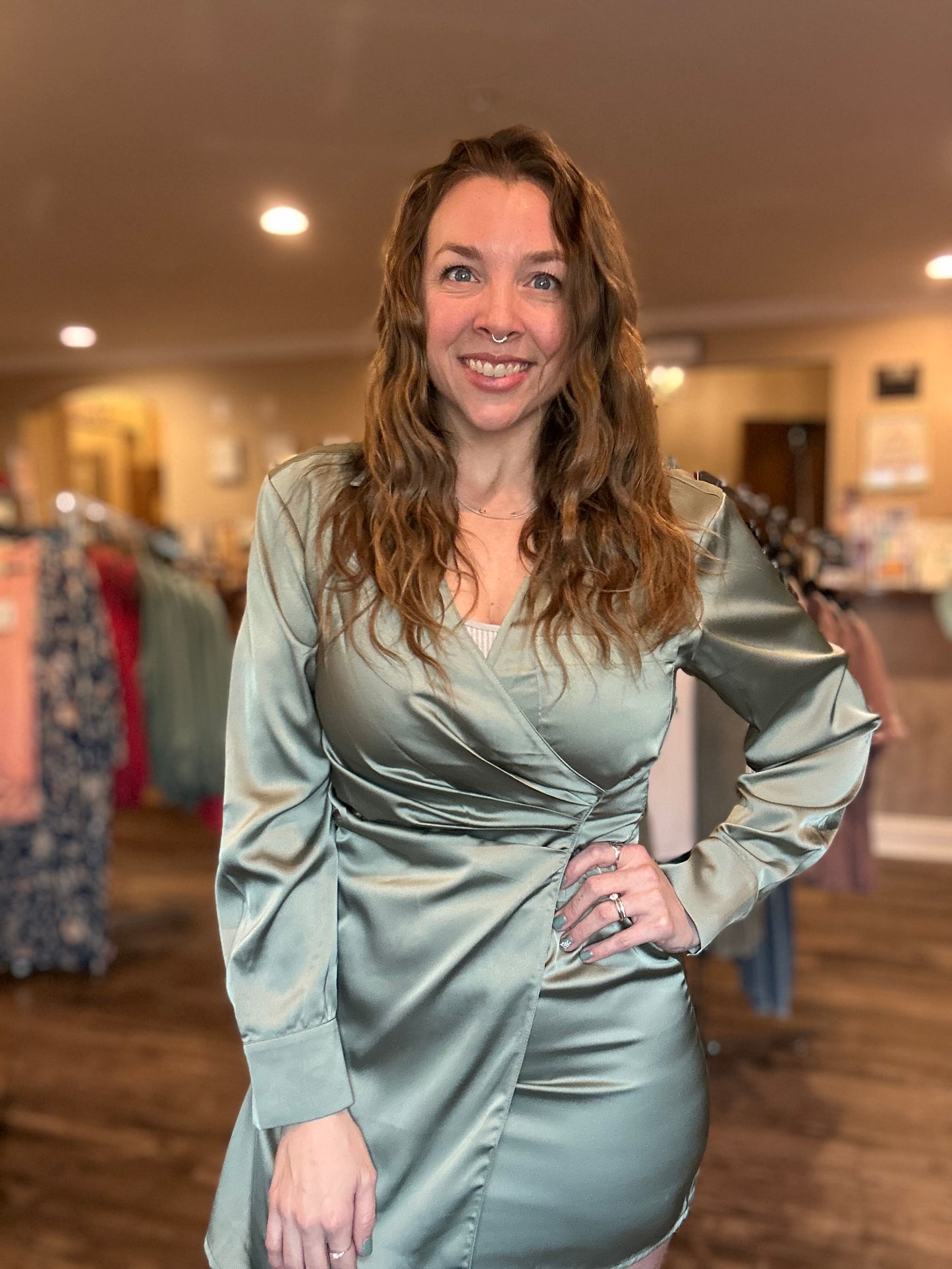 Sage Surplice Mini Dress