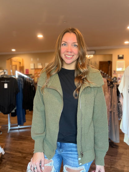 Olive Ribbed Zip Up Sweater Jacket