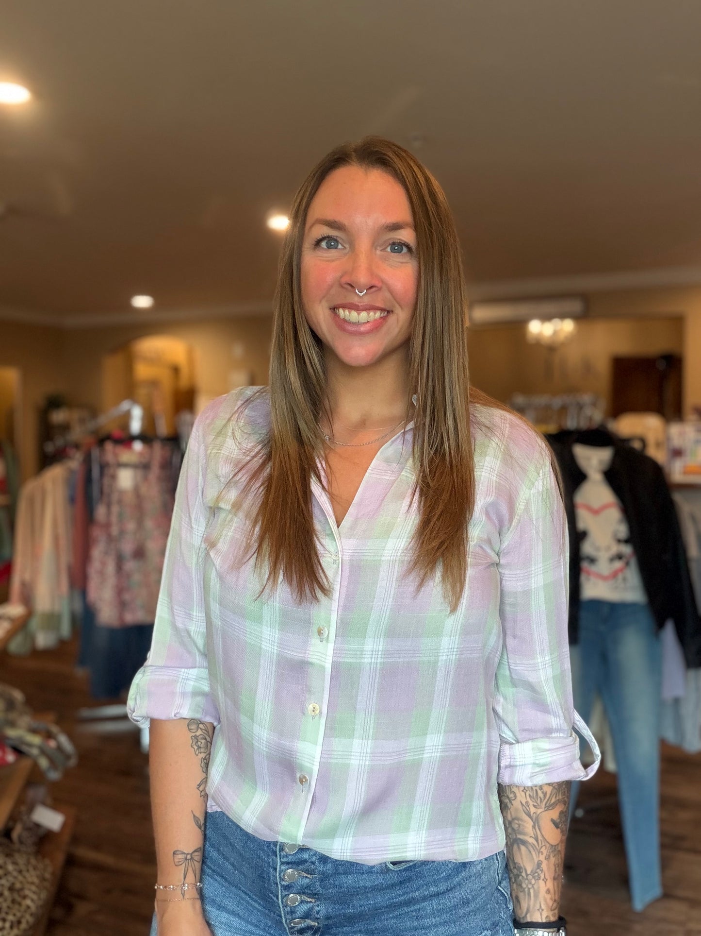 Lavender Plaid Button Up