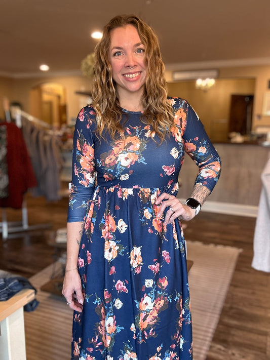 Navy Orange Floral Midi dress