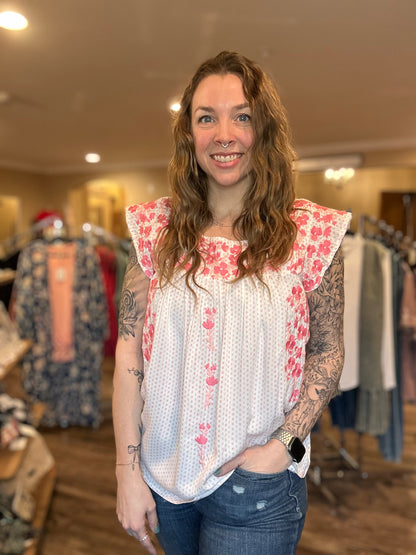Ivory & Pink Embroidered Blouse