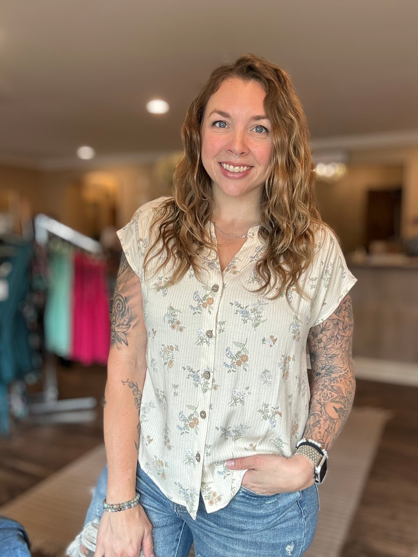 Natural Floral Button Down Top