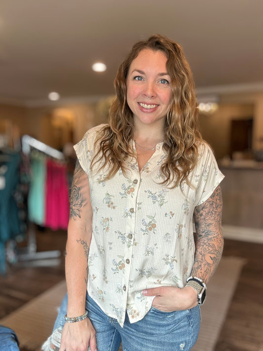 Natural Floral Button Down Top