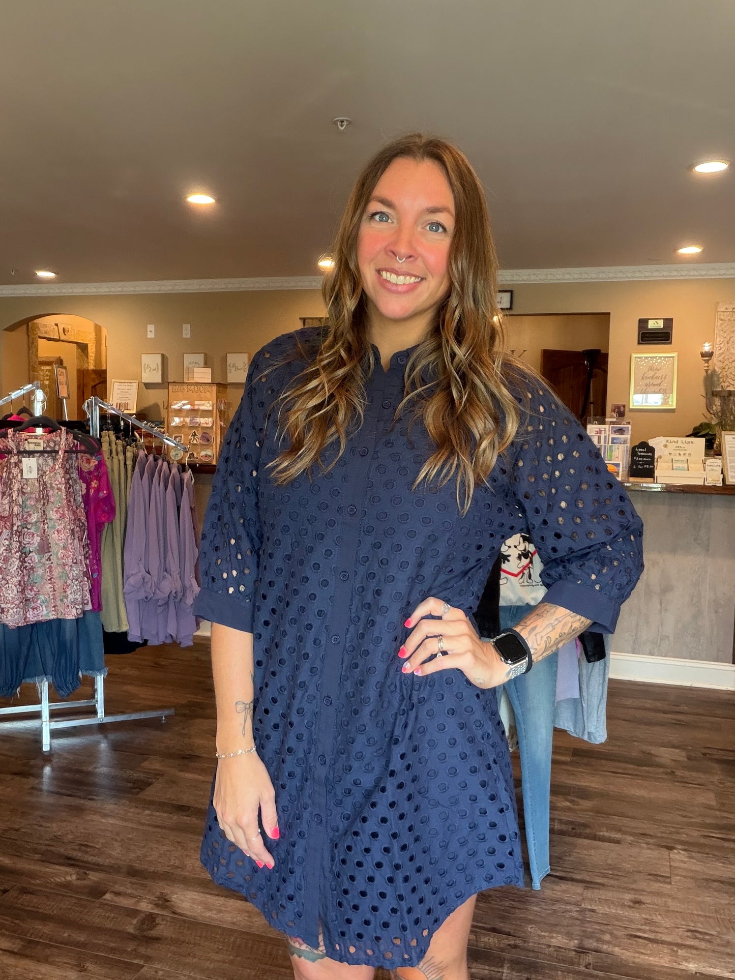 Navy Eyelet Lined Dress