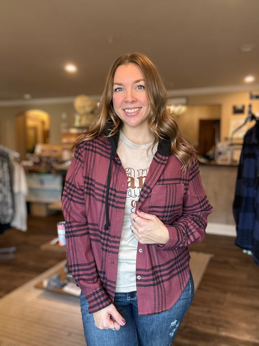 Burgundy Plaid Hooded Button-up