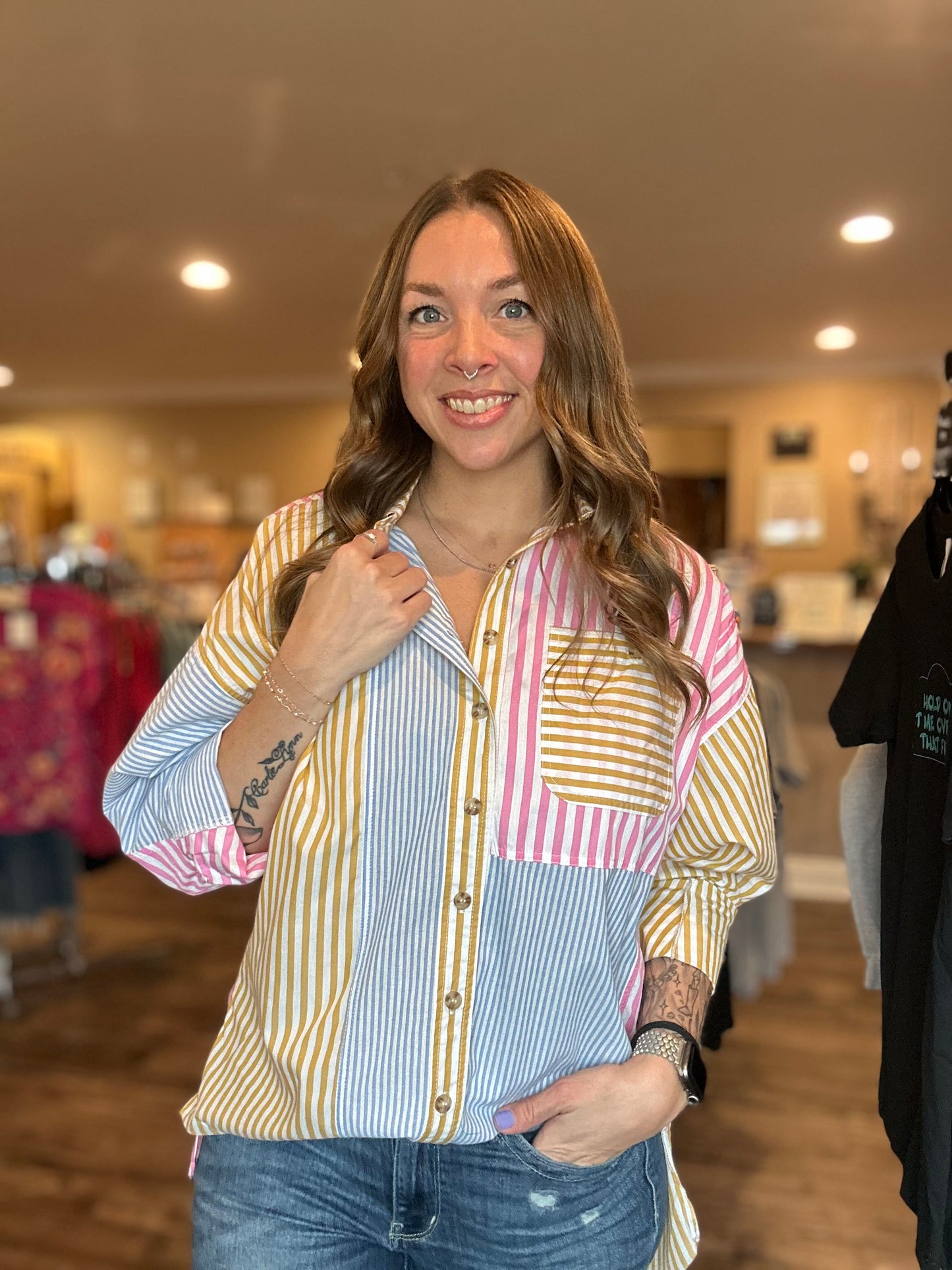 Spring Striped Colorblock Button Up