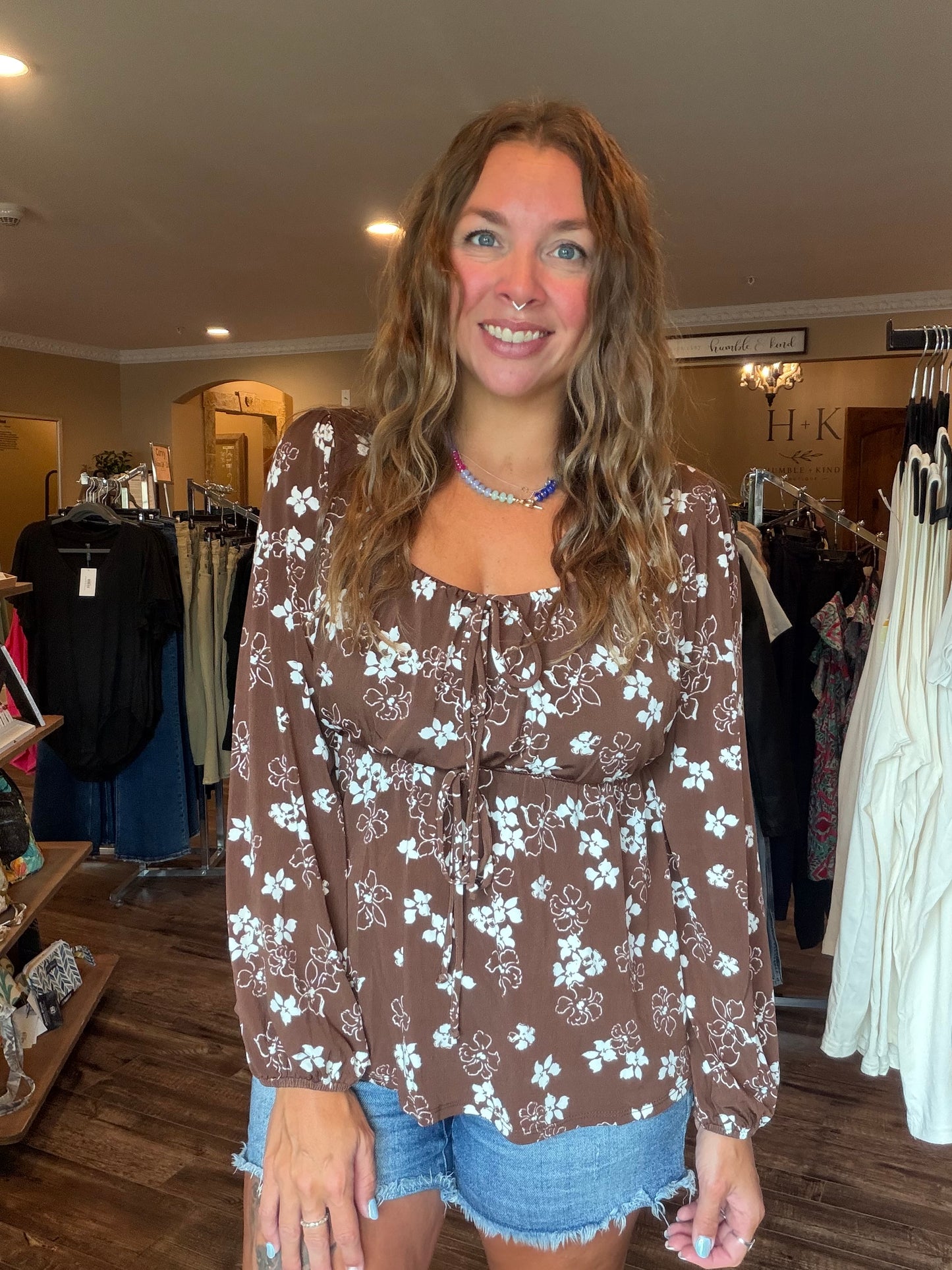 Brown Floral Babydoll Blouse