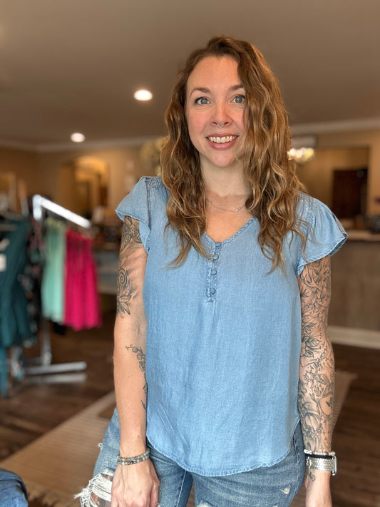 Curvy Chambray Ruffle Sleeve Button Blouse