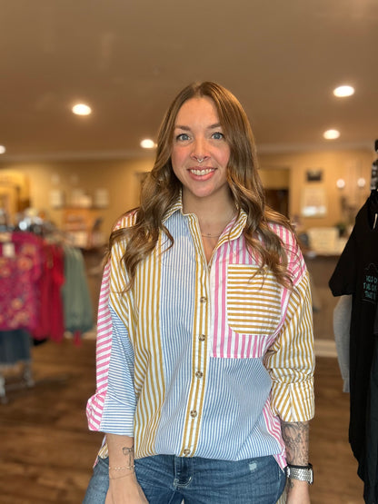Spring Striped Colorblock Button Up