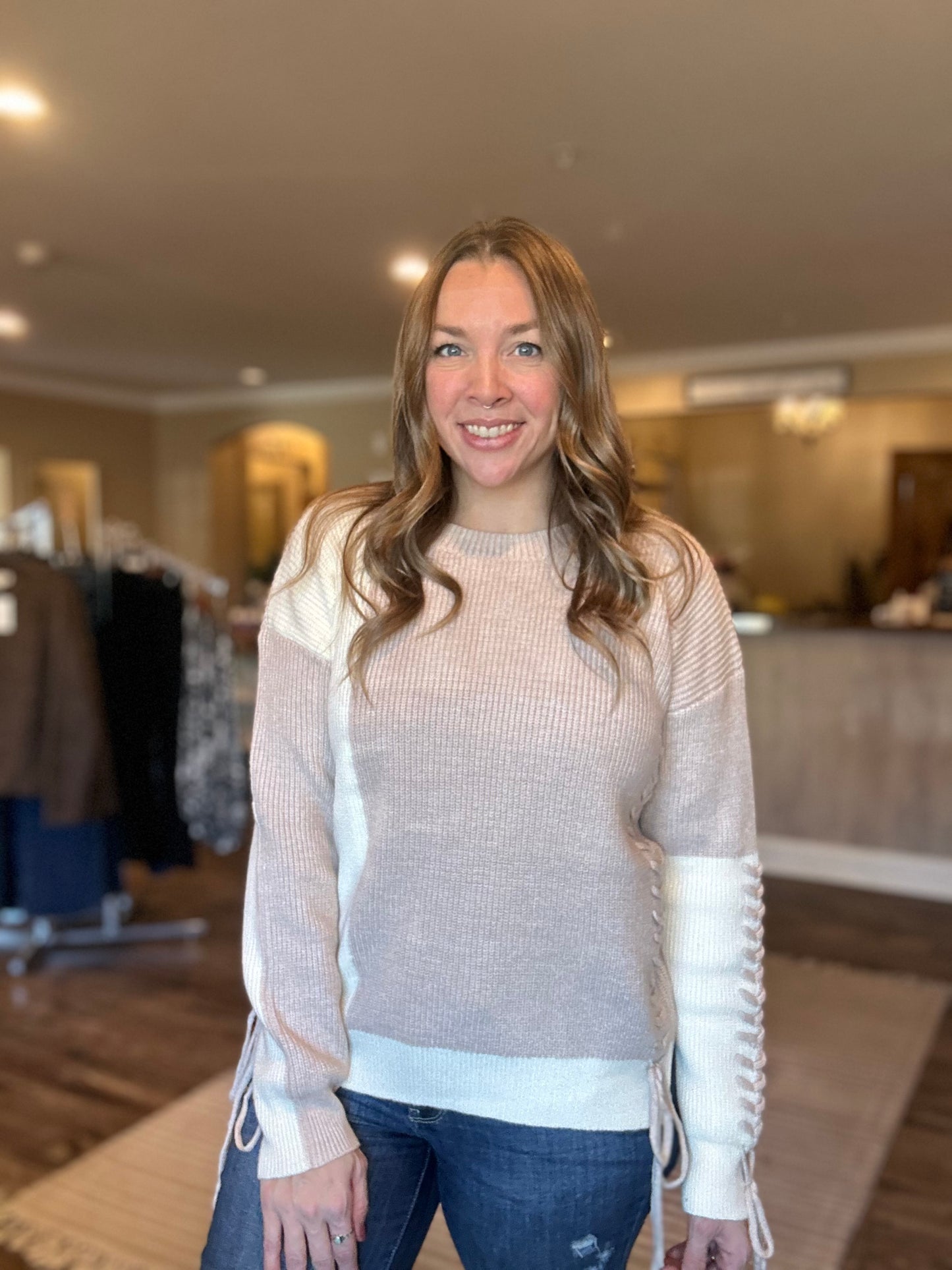 Taupe & Cream Detailed Colorblock Sweater