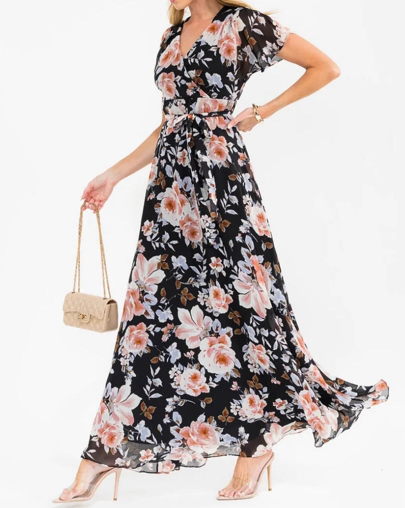 Classic Black Floral Flutter Sleeve Maxi Dress