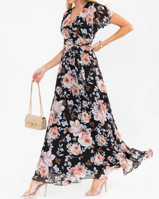 Classic Black Floral Flutter Sleeve Maxi Dress