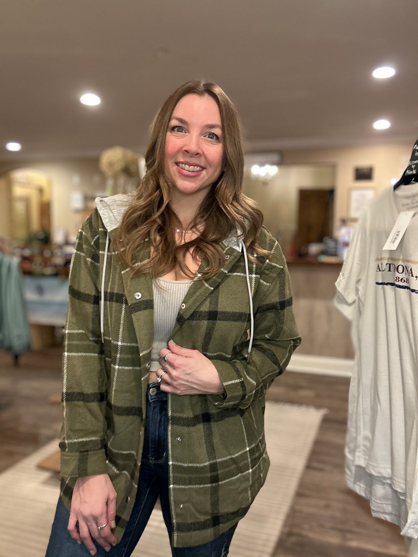 Olive Plaid Hooded Button Up