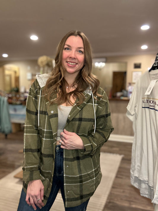 Olive Plaid Hooded Button Up
