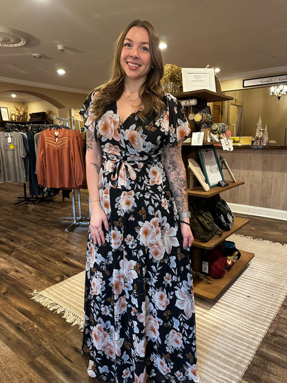 Classic Black Floral Flutter Sleeve Maxi Dress