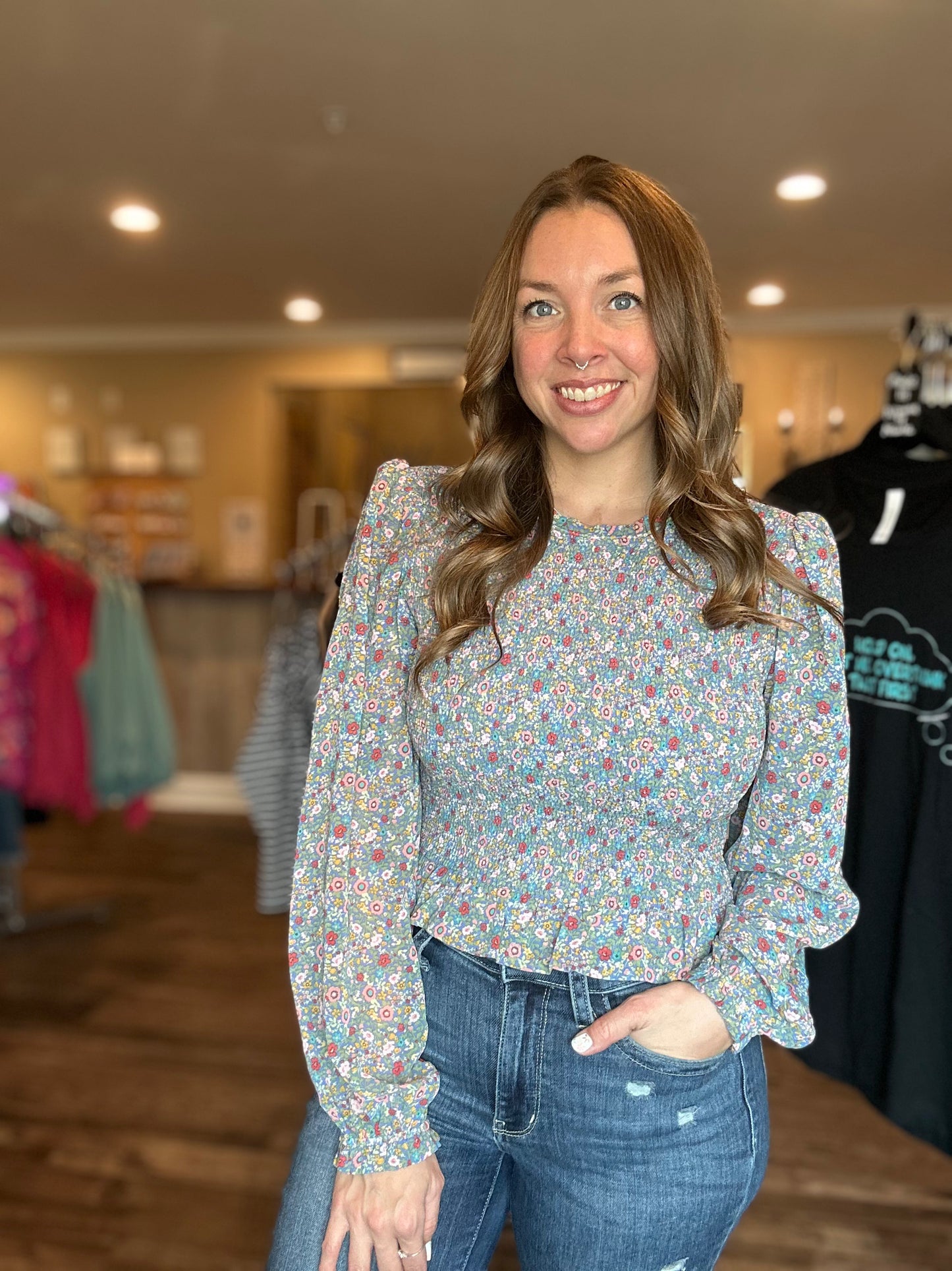 Blue Ditsy Floral Smocked Top