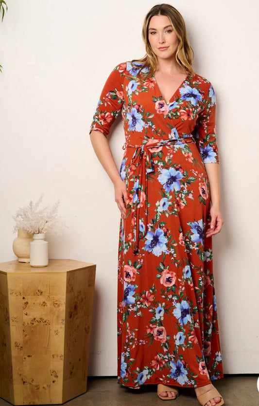 Curvy Rust Floral Maxi Dress