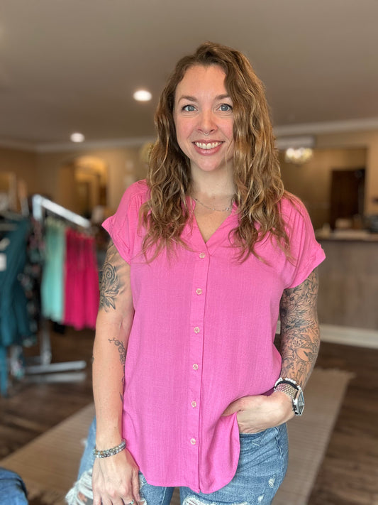 Fuchsia Rolled Short Sleeve Button Top