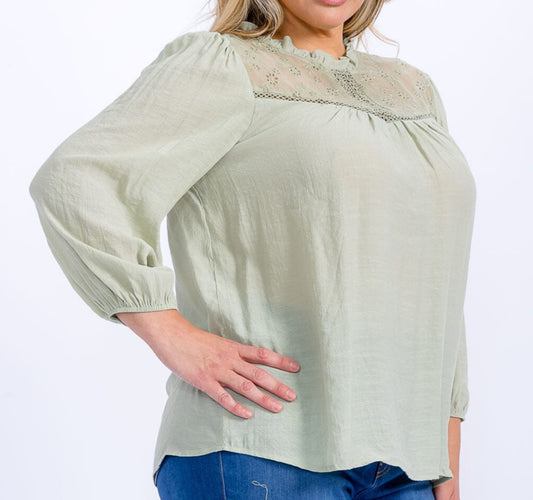 Curvy Sage Lace Detailed Blouse