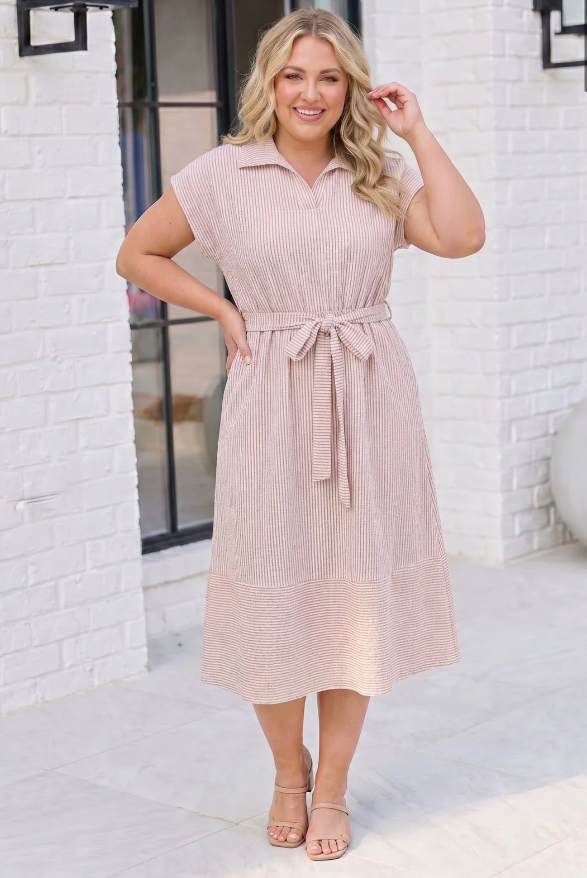 Curvy Tan Striped Dress