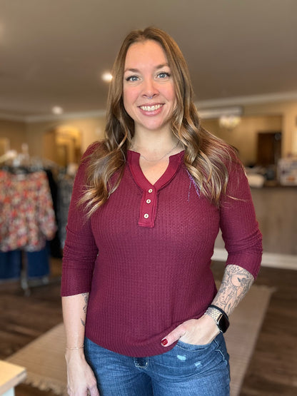 Burgundy Waffle Button Top
