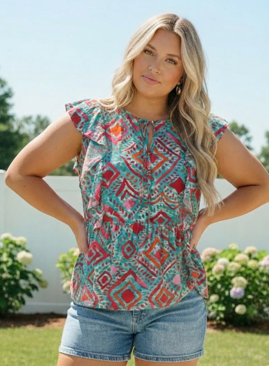 Curvy Blue & Fuchsia Print Blouse