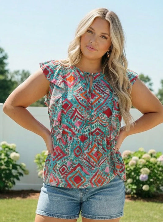 Curvy Blue & Fuchsia Print Blouse