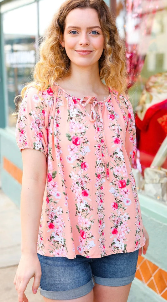 Peach Floral Keyhole Top