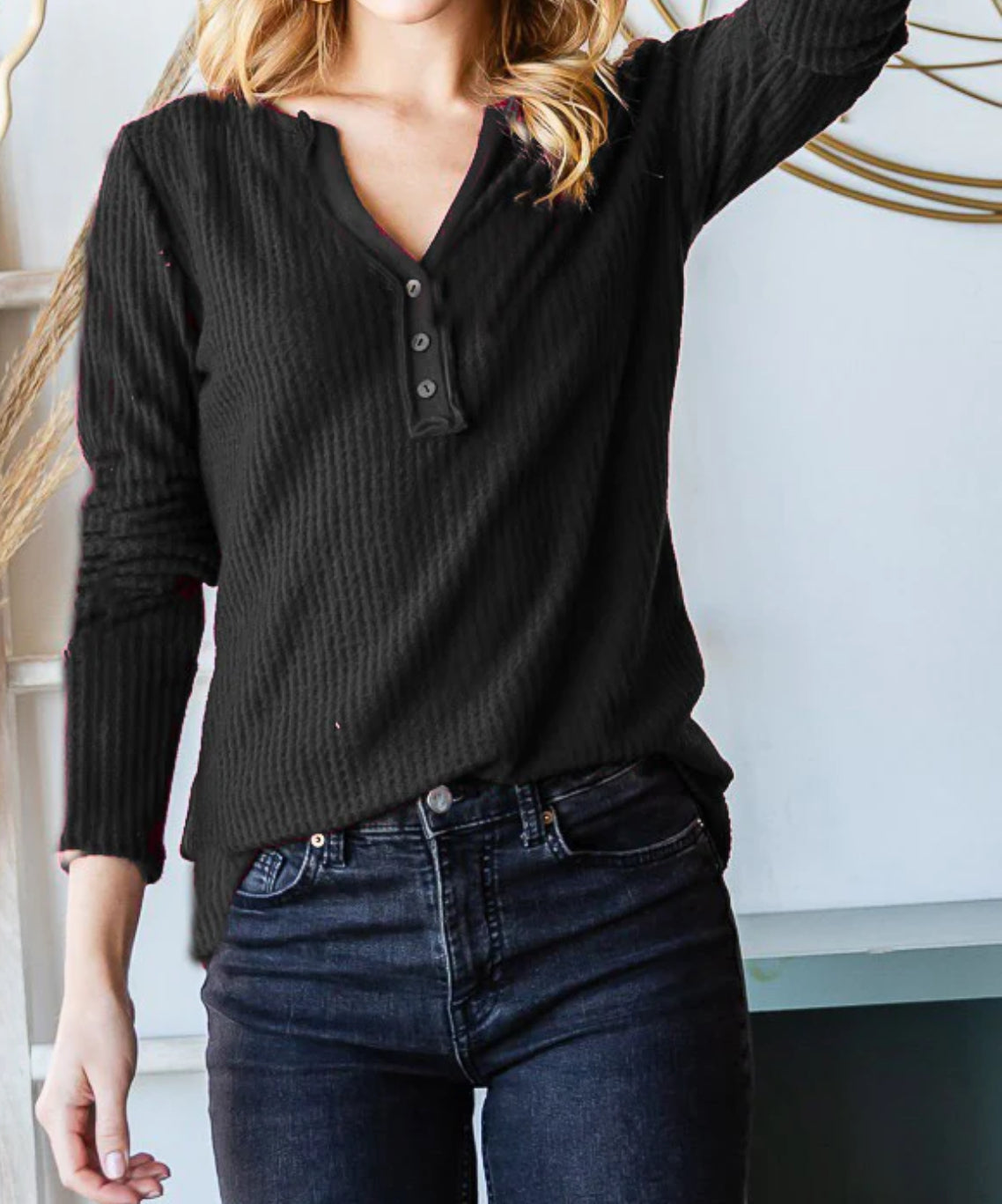 Black Waffle Button Top