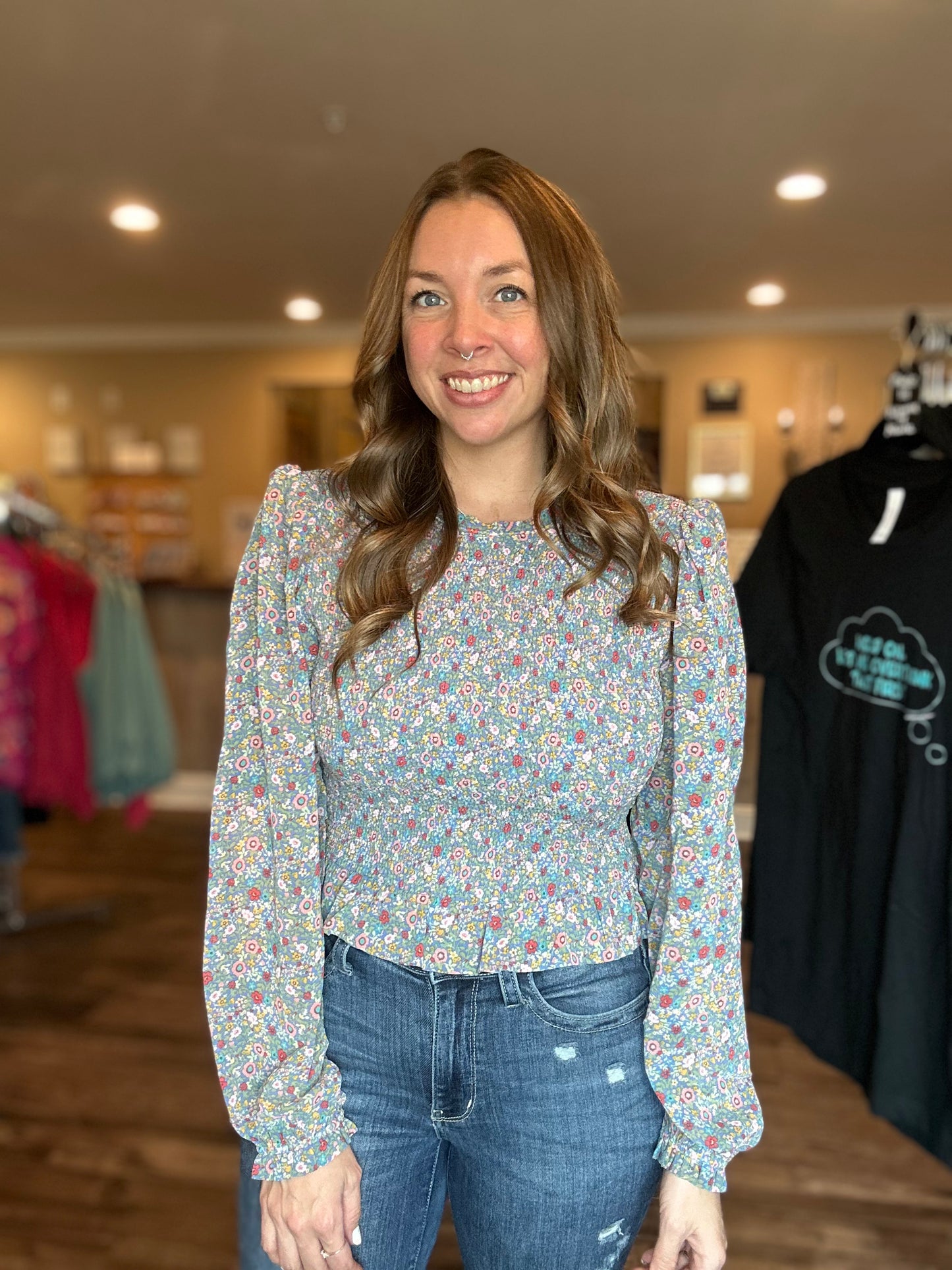Blue Ditsy Floral Smocked Top