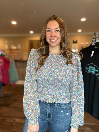 Blue Ditsy Floral Smocked Top