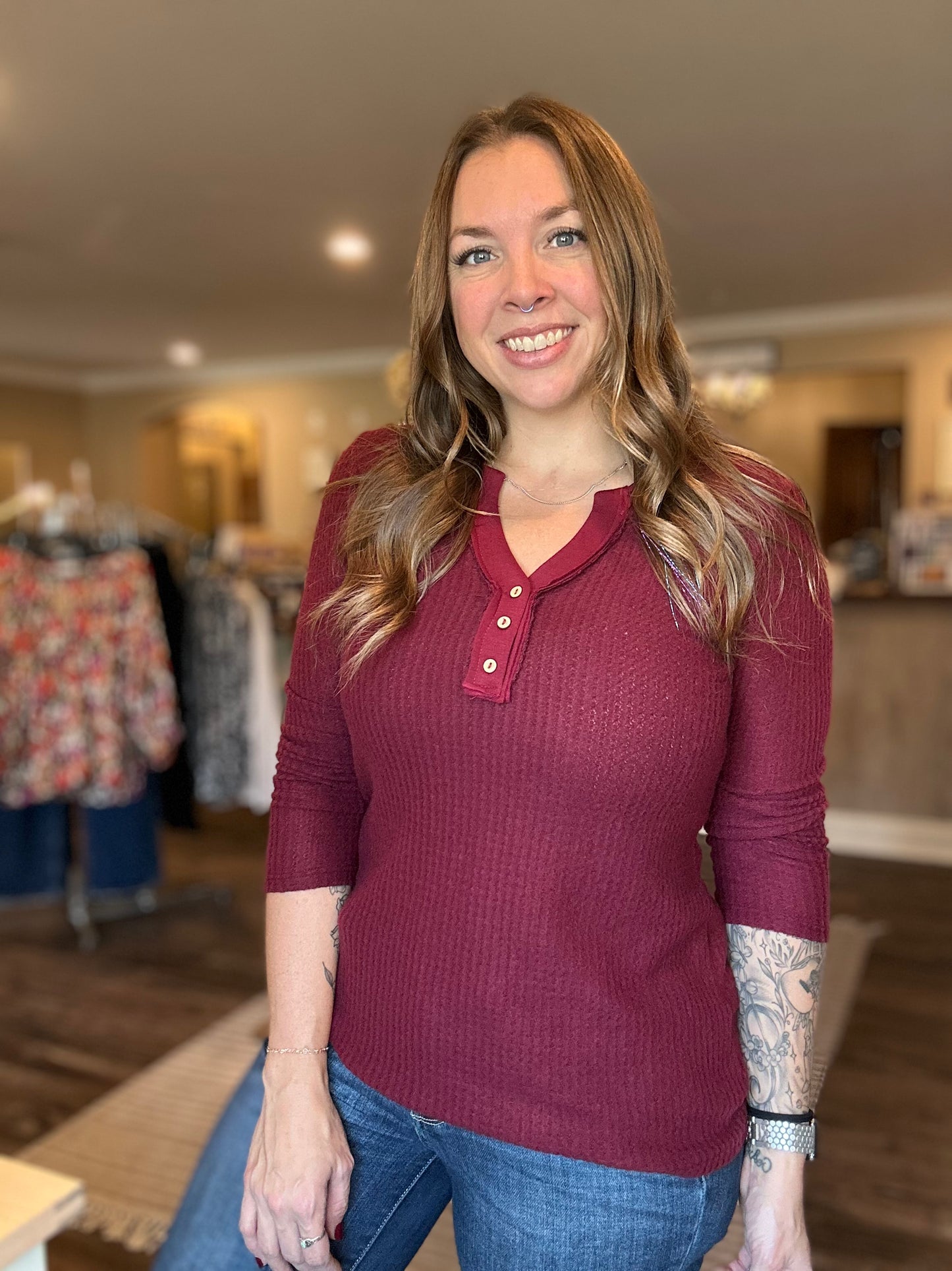 Burgundy Waffle Button Top