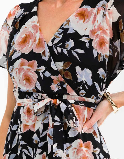 Classic Black Floral Flutter Sleeve Maxi Dress