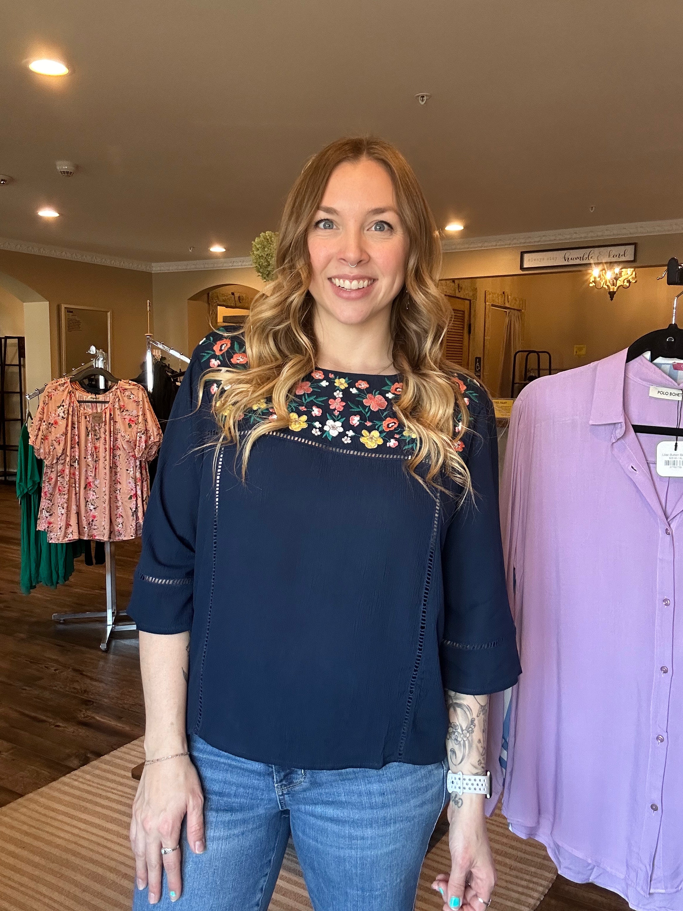 Navy Floral Embroidered Top – Humble & Kind Boutique