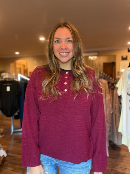 Burgundy Henley Button Knit Pullover Sweater