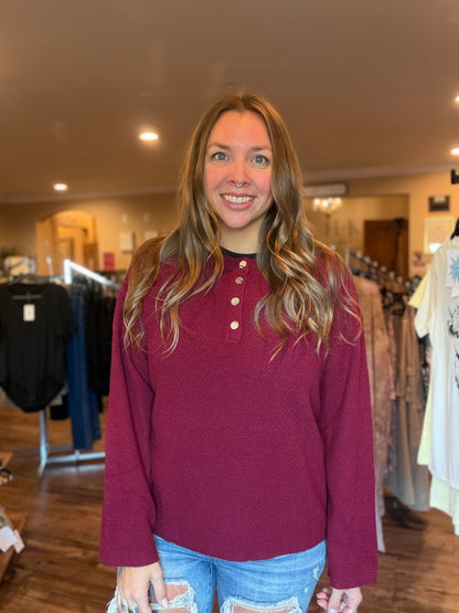 Burgundy Henley Button Knit Pullover Sweater