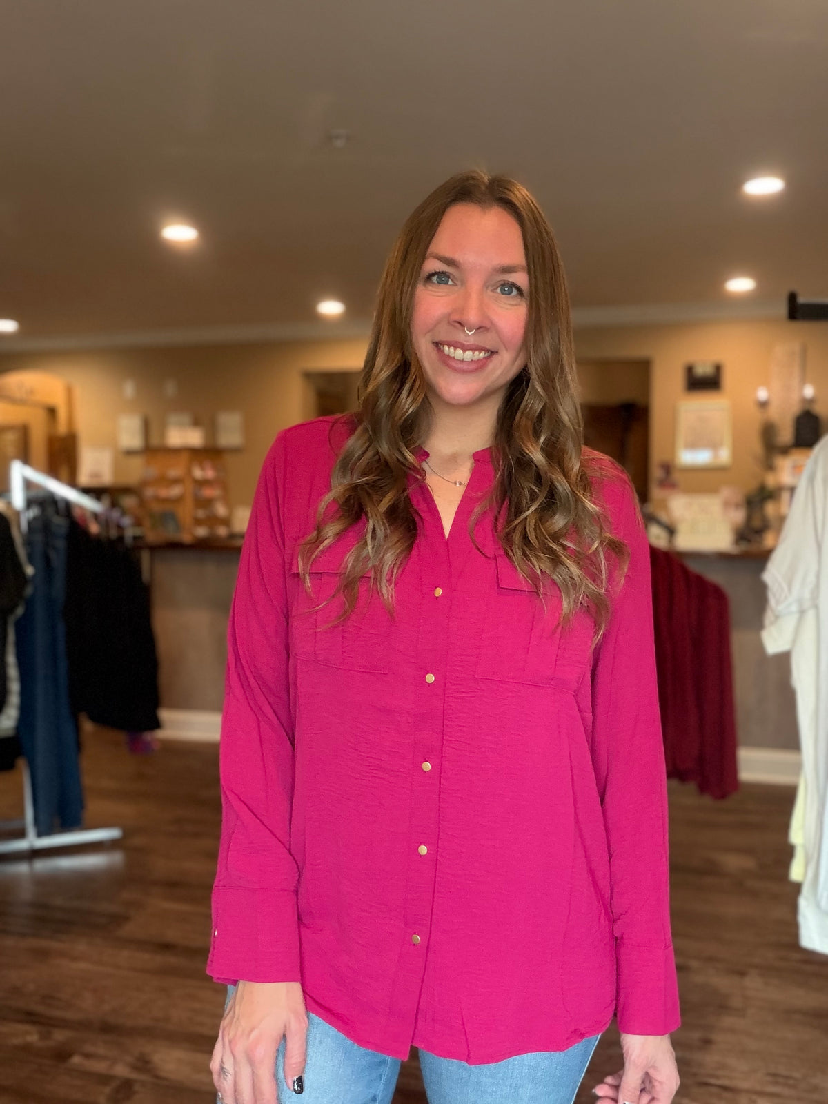 Fuchsia Pocketed Blouse